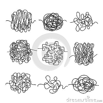 Hand drawn matted threads set. Messy chaos of lines and scribbles sketches of intricate textures with complex creative Vector Illustration