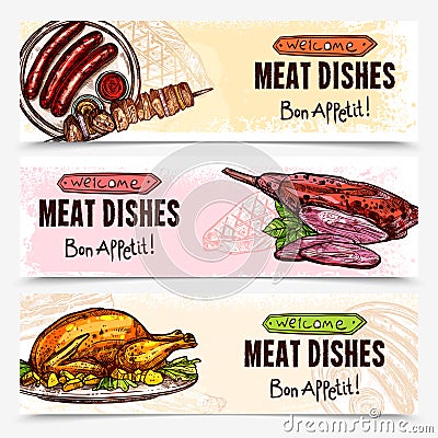 Hand Drawn Meat Horizontal Banners Vector Illustration