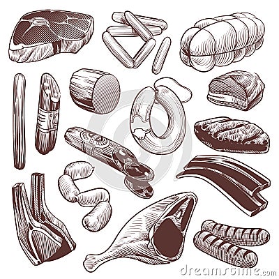 Hand drawn meat. Sketch meat products collection beef steak, pork fillet and veal bone, lamb and chicken, sausage and Vector Illustration