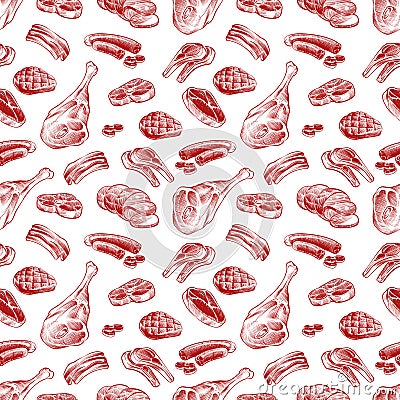 Hand drawn meat, steak, beef and pork, lamb grill sausage seamless pattern Vector Illustration
