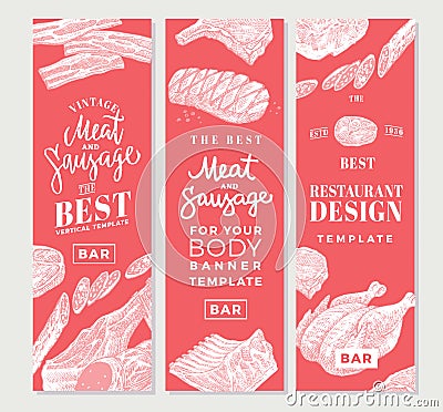 Hand Drawn Meat Vertical Banners Vector Illustration