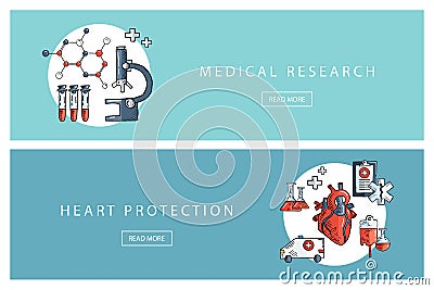 Hand drawn medical and healthcare concepts. Medical research and Heart protection banners. Vector Illustration