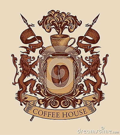 Hand-drawn medieval coat of arms for coffee house Vector Illustration