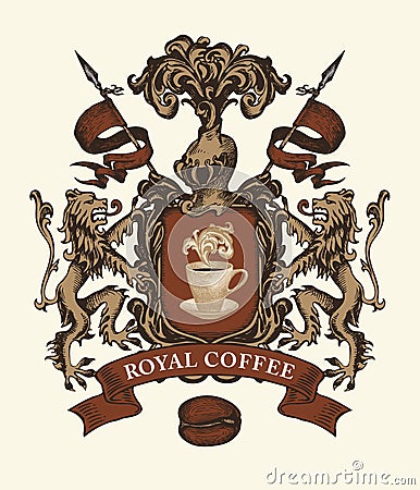 Hand-drawn medieval coat of arms for Royal coffee Vector Illustration