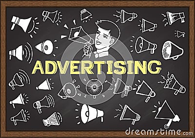 Hand drawn megaphone icons on chalkboard with the word Advertising and a man is announcing. Vector Illustration