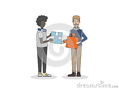 Hand drawn men holding jigsaw puzzles Stock Photo