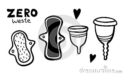 hand drawn menstrual set of design elements. Vector illustration. doodle period collection. women set with caps, pads Vector Illustration