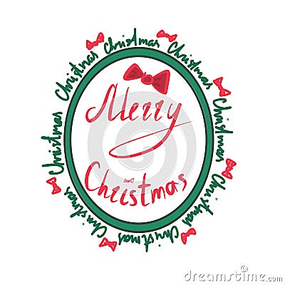 Hand drawn Merry Christmas green and red greeting oval frame or text box isolated on white with hand written text Stock Photo