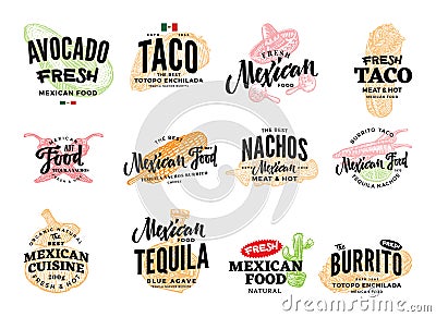Hand Drawn Mexican Food Logos Vector Illustration
