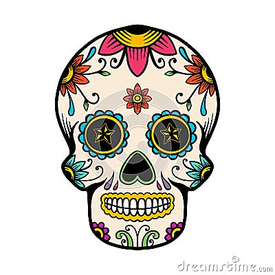 Hand drawn mexican sugar skull isolated on white background. Design element for poster, card, banner, t shirt, emblem, sign. Vector Illustration