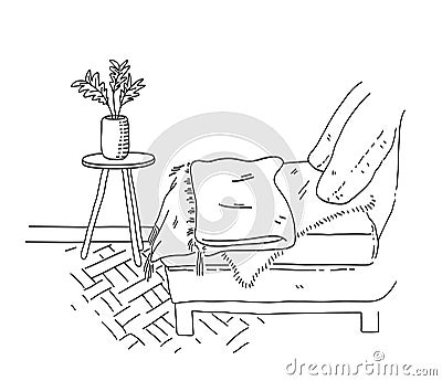 Hand drawn minimalist interior furniture of sofa on wooden floor with small table and interior plant Vector Illustration