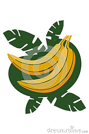 Hand drawn minimalistic yellow banan with green palm leaves concept sticker, icon, emblem, card Vector Illustration