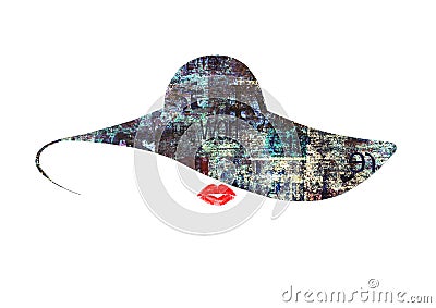 Hand drawn mixed media illustration. Beautiful woman with red lips, black hat with newspaper print Cartoon Illustration