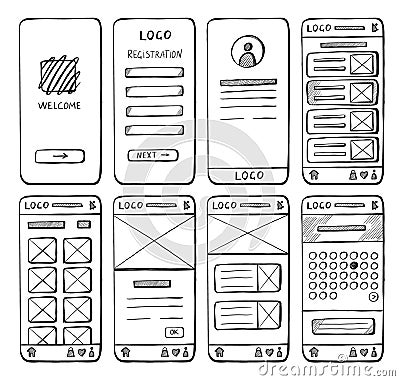 Hand drawn mobile website layout. Sketch pencil doodle UI elements for web site, simple wireframe page templates with Vector Illustration