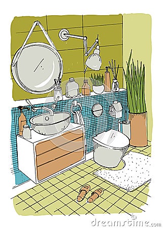 Hand drawn modern bathroom interior design. Vector colorful sketch illustration. Vector Illustration