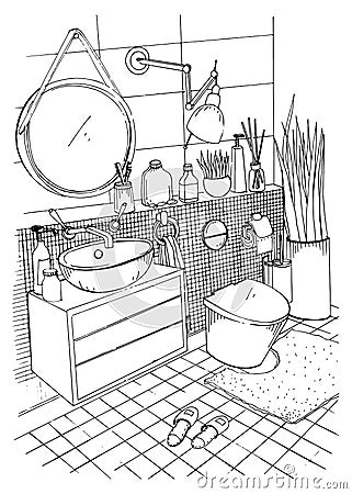 Hand drawn modern bathroom interior design. Vector sketch illustration. Vector Illustration