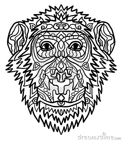 Hand-drawn monkey with ethnic floral doodle pattern. Coloring page - zendala, design for spiritual relaxation for adults Vector Illustration