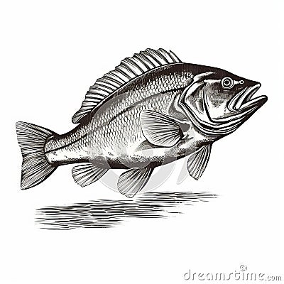 Detailed Engraving Of Long Mouth Bass In Water - Vector Illustration Stock Photo