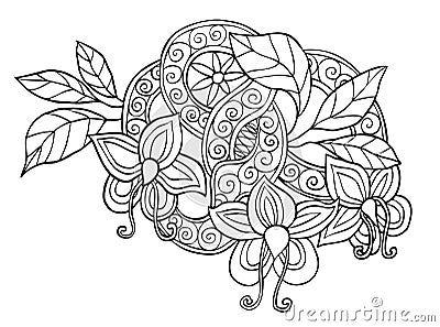 Hand drawn monochrome doodle flowers, leafs and ribbon with swirl Vector Illustration