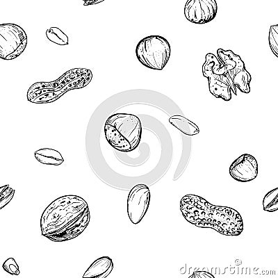 Hand drawn monochrome vector seamless pattern of walnuts, hazelnuts, pistachios, peanuts. sketch. Vector eps 8. Vector Illustration
