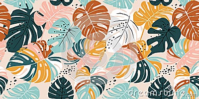 Hand drawn monstera, seamless patterns with floral for fabric, textiles, clothing, decor, abstract backgrounds. Vector Illustration