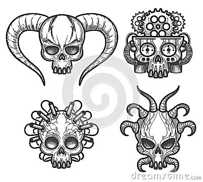 Hand drawn monsters skull set Vector Illustration