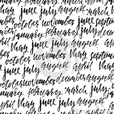 Hand drawn months seamless pattern. Modern dry brush lettering. Names of the months. Vector illustration. Handwritten grunge inscr Cartoon Illustration