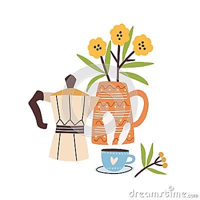 Hand drawn morning composition with coffee and flowers vector flat illustration. Cute bouquet in vase with hot beverage Vector Illustration