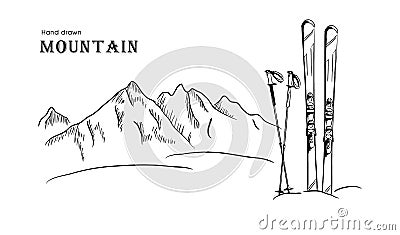 Hand drawn Mountain and ski graphic black white landscape vector illustration Vector Illustration