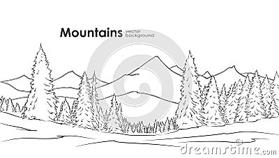 Hand drawn Mountains sketch background with pine forest on foreground. Line design Vector Illustration