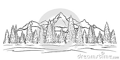 Hand drawn Mountains sketch landscape with peaks and pine forest. Line design Vector Illustration