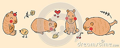 Hand drawn mug print with cute capybaras. Doodle vector illustration for decor and design Vector Illustration