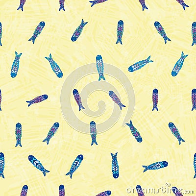 Hand drawn multicolor fish in folk art style design. Seamless vector pattern on sunny yellow textured background. Great Vector Illustration