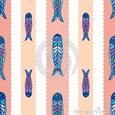 Hand drawn multicolor fish in geometric folk art style. Seamless vector pattern on white background with scalloped coral Vector Illustration