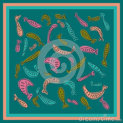 Hand drawn multicolored pattern with fishes. Perfect for stole, shawl, poster and print. Doodle vector illustration Vector Illustration