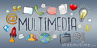 Hand-drawn multimedia technology digital text with icons Stock Photo