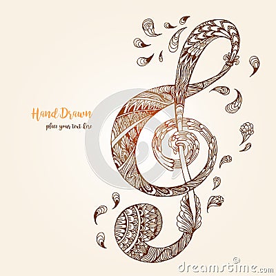 Hand-drawn music key with ethnic ornaments doodle pattern. Vector Illustration