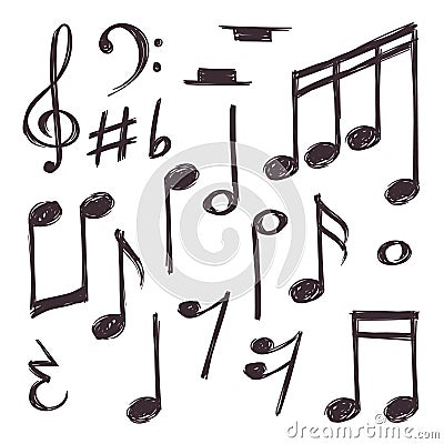 Hand drawn music note. Vector musical symbols isolated on white doodle collection Vector Illustration
