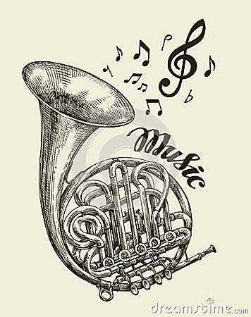 Hand-drawn musical french horn. Sketch vintage trumpet. Vector illustration Vector Illustration