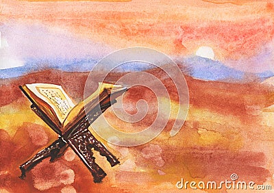 Hand drawn muslim background of koran, sunset, desert and mountain. Watercolor illustration of ramadan kareem and ramadan mubarak Cartoon Illustration