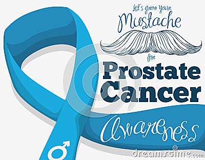 Hand Drawn Mustache with Blue Ribbon for Prostate Cancer Campaign, Vector Illustration Vector Illustration