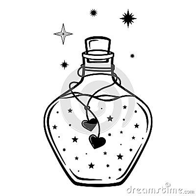 Hand drawn mystical glass bottle with star and heart in line art. Magic collection, symbol, talisman, antique style, boho. Vector Vector Illustration