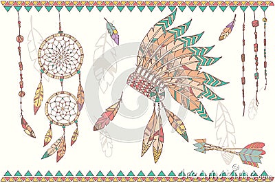 Hand drawn native american dream catcher, beads and feathers Vector Illustration