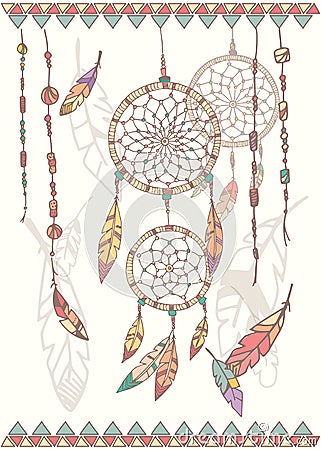 Hand drawn native american dream catcher, beads and feathers Vector Illustration