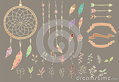 Hand drawn native american feathers, dream catcher, beads, arrows, flowers Vector Illustration