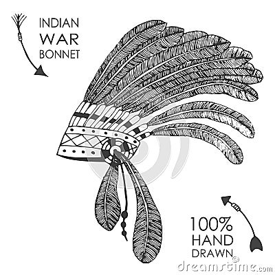 Hand-drawn native American indian chief headdress with feathers. Sketch style. Vector Illustration