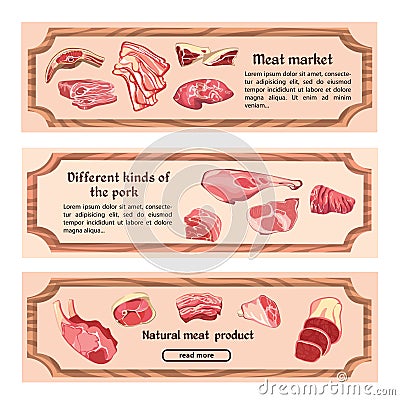 Hand Drawn Natural Meat Horizontal Banners Vector Illustration