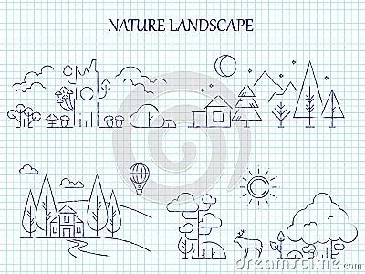 Hand drawn nature landscape line set Vector Illustration