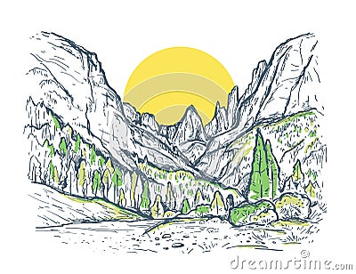 Hand drawn nature sketch vector illustration with a mountains, green trees and yellow sun. Design for t-shirt print, postcard, Vector Illustration