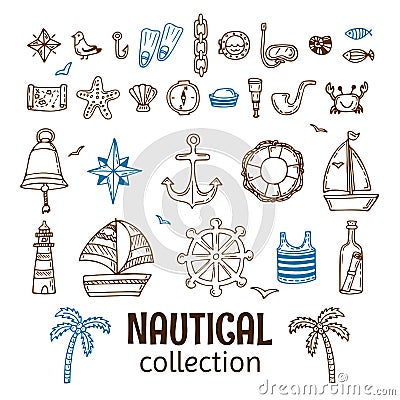 Hand drawn nautical collection. Marine icon set. Sea and ocean Vector Illustration